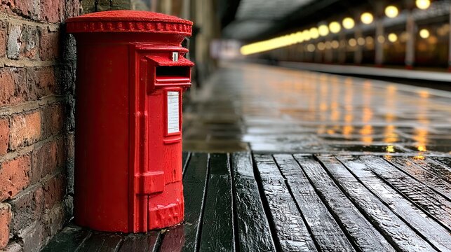 Red letterbox on wet platform, empty station with overhead lights