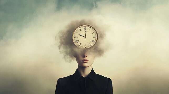 Surreal image of a businesswoman with her head exploding into a cloud of smoke and a clock stuck in the middle, representing stress, anxiety, and the pressure of time in the business world