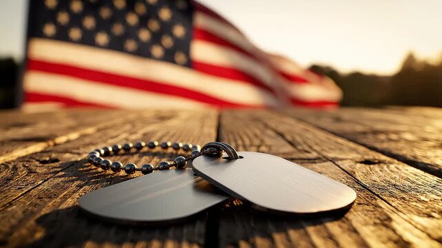 Military dog tags on a rustic wooden table with a blurred American flag in the background, representating Independence Day, Memorial Day, Veteran's Day, 4th of July, or other patriotic USA holiday.	