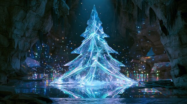 Crystalline Christmas tree made of transparent ice and glowing neon fibers. located in hidden cave of mirrors. dramatic chiaroscuro contrast rich shadows