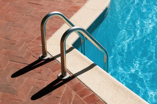 Metal pool ladder on tiled patio beside sparkling blue water