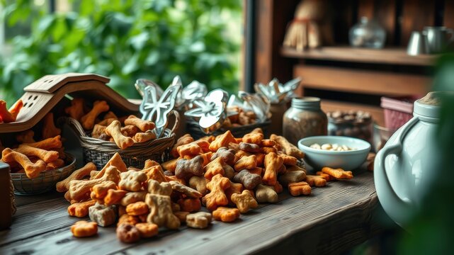 A rustic wooden table displays an assortment of freshly baked dog biscuits, arranged in baskets and scattered, alongside cookie cutters and a container of treats.