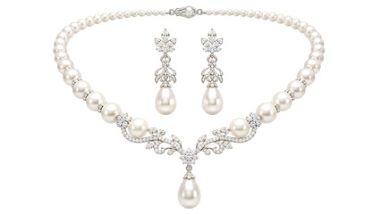Fototapeta premium Silver Pearl Necklace and Earrings Jewelry Set on Transparent Background
