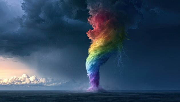 A vibrant rainbow swirls within a dark, stormy waterspout over the ocean