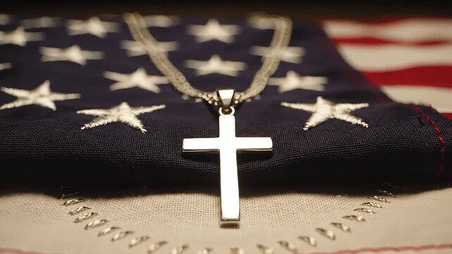 A silver cross pendant resting on a folded American flag, representating Memorial Day, Veterans Day, or other patriotic USA holiday.