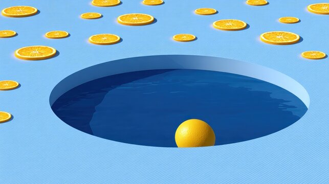 Brightly colored citrus fruit objects float near a circular pool of deep blue liquid.