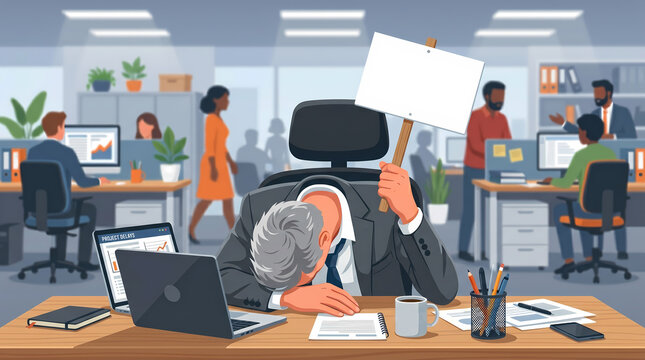 An exhausted businessman slumped over his desk in a bustling open-plan office, holding up a blank white sign in defeat.