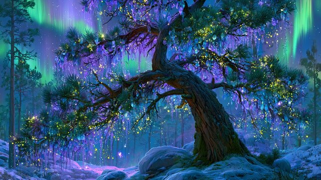 Enchanted pine tree in frozen forest. branches heavy with crystal ornaments and glowing fireflies. Aurora Borealis in background