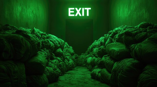 Two walls of sacks lead to a glowing green exit sign in a dark hallway