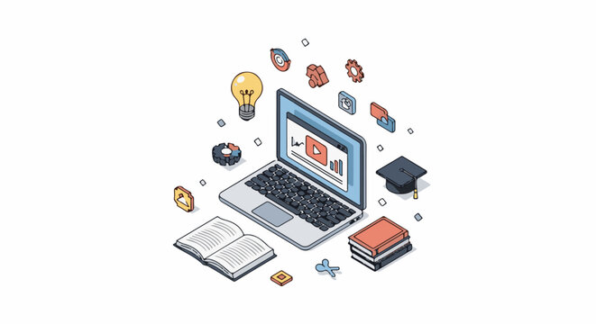 Isometric laptop with educational elements like books, graduation cap, and lightbulb