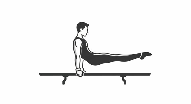 Male gymnast performs a strongman pose on parallel bars