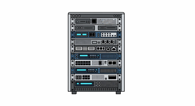 Network server rack with multiple blinking lights and ports