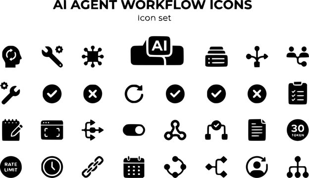 AI Agent Workflow Icon Set Thinking Loop Tool Call Memory Node Handoff Task Queue Spawn Merge Retry Planner Executor Scratchpad Context Window Parallel Run Kill Switch 30 Icons Editable Strokes Flat 