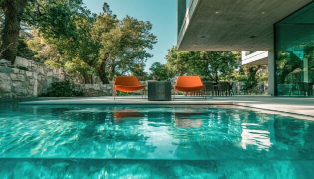 Vibrant orange chairs flank a stylish modern outdoor seating area beside a clear blue pool