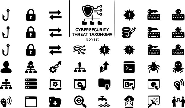 Cybersecurity Threat Taxonomy Icon Set Phishing Ransomware MITM DDoS Zero-Day SQL Inject Brute Force Keylogger Insider Threat Backdoor Rootkit Trojan Botnet C2 Server Exploit Kit 30 Icons Editable 