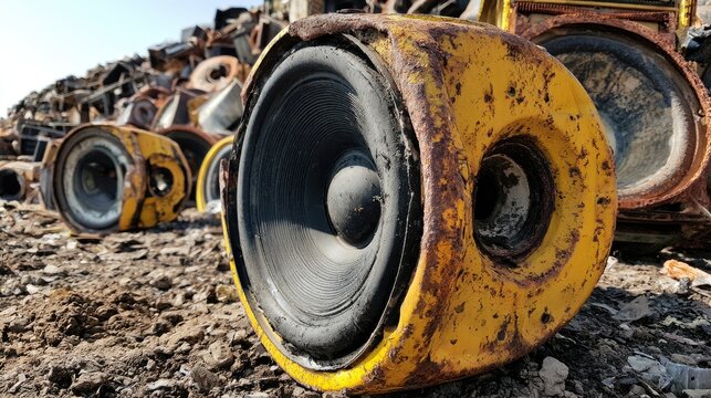 Rusty yellow speakers lie discarded amongst rubble in a scrapyard