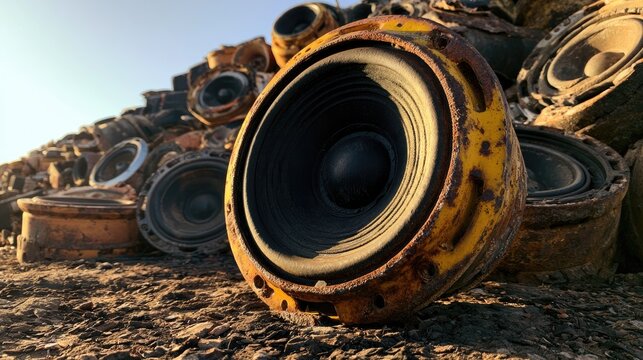 Close-up of a large, rusted speaker cone amid a pile of discarded sound equipment