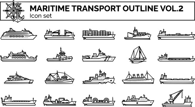 Maritime Transport Outline Vol 2 Cruise Liner Cargo Freighter Container Ship Oil Tanker Ferry Tugboat Coast Guard Sailing Yacht Catamaran Barge Fishing Trawler 20 Icons Editable Strokes Line Art Vecto