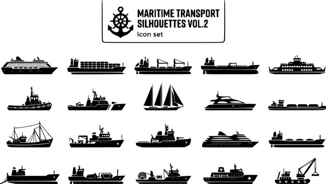 Maritime Military Silhouette Icon Set Aircraft Carrier Destroyer Submarine Battleship Navy Frigate Patrol Boat Fighter Jet Naval Helicopter Torpedo Boat Mine Sweeper 20 Icons Editable Strokes Flat Vec