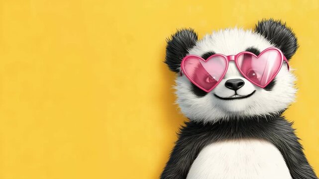 Baby panda wearing pink heart glasses smiling on a yellow background