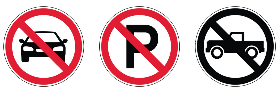 Traffic Signs Vehicle Prohibition No Parking Warning Icons Collection, clean modern vector set for transportation control systems, parking restriction signs, and road safety warning communication