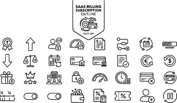 SaaS Billing Subscription Outline Icon Set Trial Upgrade Seat Cap Overage Invoice Cancel Renewal Quota Downgrade Plan Billing Cycle Payment Refund Feature Lock 30 Icons Editable Strokes Line Art Tech 