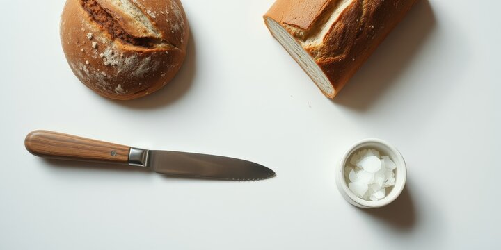 A Simple Breakfast Scene Featuring Two Loaves of Bread, a Bread Knife, and a Small Bowl of White Crystals