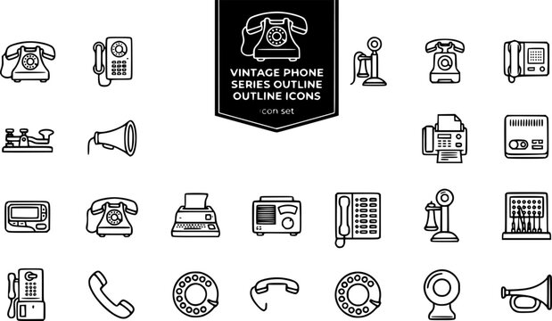 Vintage Rotary Phone Series Outline Icon Set Close-Up Wall Phone Candlestick French Intercom Telegraph Speaking Tube Telex Fax Answering Pager 20 Icons Editable Strokes Line Art Retro Vector