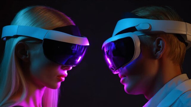 A futuristic couple in immersive VR visors leans in closely, hidden behind glowing lenses while neon hues highlight their digital bond. AI-generated virtual dates.