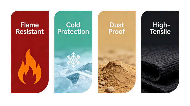 Icons of flame, snowflake, sand and high tensile fabric represent extreme environmental protection characteristics, and are suitable for fire protection and outdoor work protective clothing.
