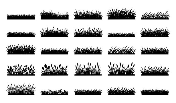 Natural Grass Border Silhouette Vector Set Black Garden Lawn Divider Icons Collection