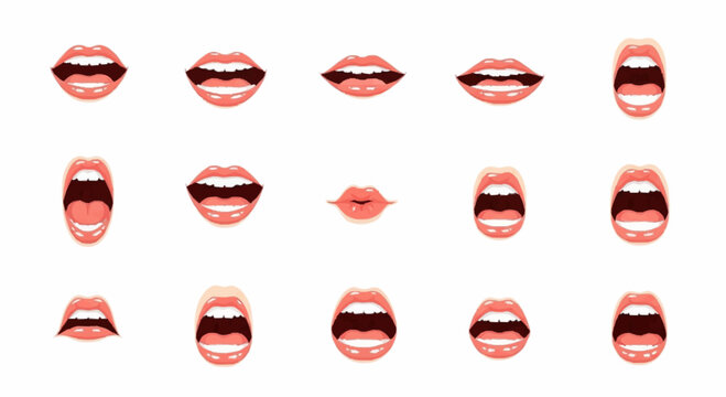 Vector illustration collection of fifteen female mouth expressions with pink lips and white teeth, featuring various poses including shouting, speaking, and smiling on a white background.
