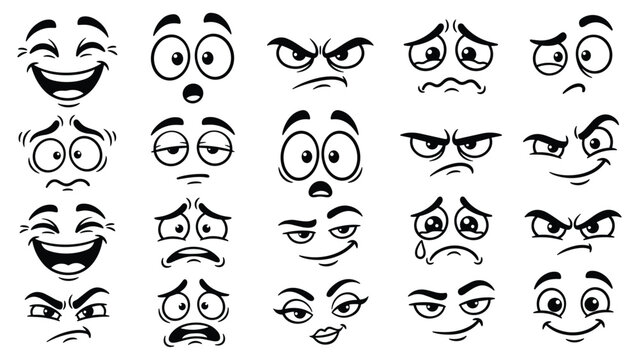 Cartoon face grid 16 emotive line art vector illustration for avatar ui icon set kit ai eps