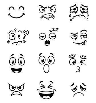 Cartoon mouth eyes vector illustration pack of black line doodle face features for comic character diy asset