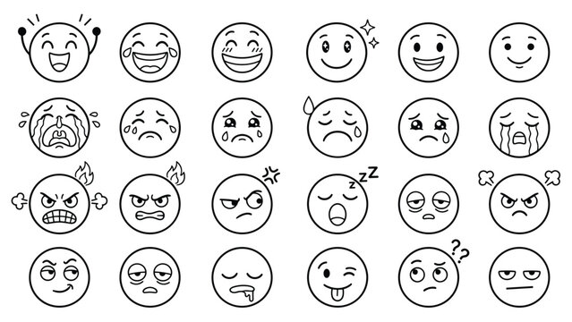 Emoticon outline icons set with cartoon face line vector illustration pack for social web chat app mood reaction