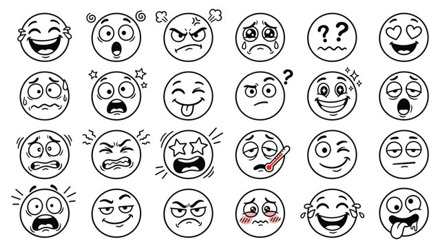 Emoticon line art face vector illustration set of doodle emoji head icons for web chat app mood text