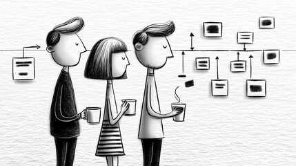 Coworkers Planning Content Marketing Calendar Filled with Blog Sketches, Campaign Arrows, and Publishing Deadlines, Black and White Ink Illustration   © piai