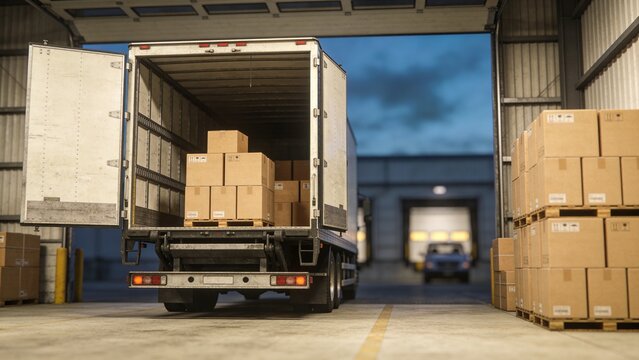 A truck is unloading cardboard boxes in a warehouse loading dock area with another truck visible.