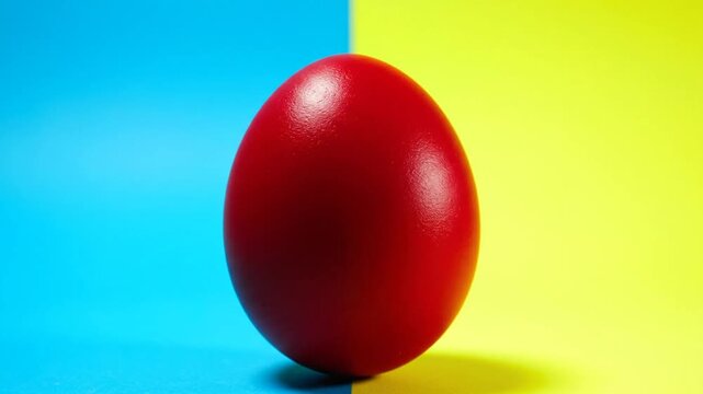 Red Easter egg standing upright against a bright blue and yellow split background.