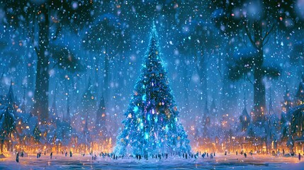 Obraz premium heavy snow falling. bioluminescent ornaments. blurred forest background with heavy bokeh. atmosphere. vibrant 3D art. rich texture detail macro close-up
