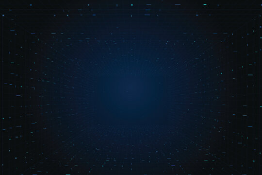 Futuristic blue cyber tunnel with glowing binary code patterns and neon lights futuristic background