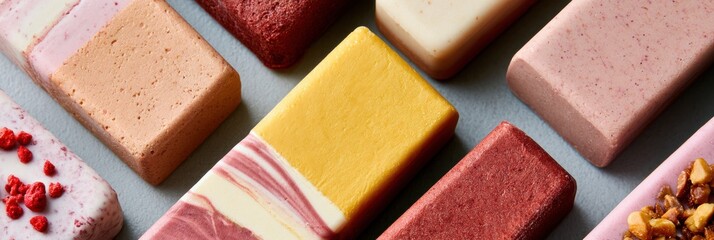 Fototapeta premium Frozen dessert bars are arranged in an elegant layout that highlights their textures and colors, with ample space for promotional content