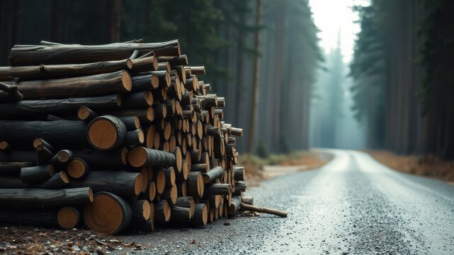 A roadside stack of neatly arranged timber logs beside a forest road