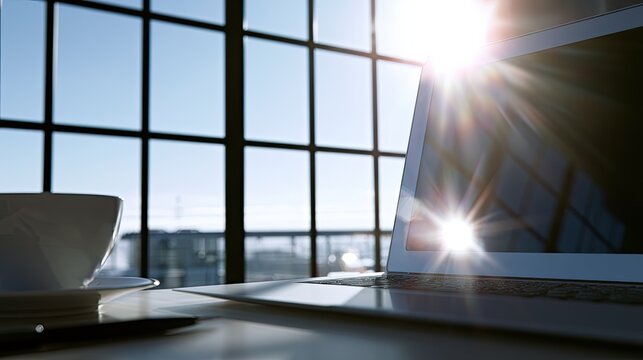 Bright sun flares across laptop screen, coffee cup and window