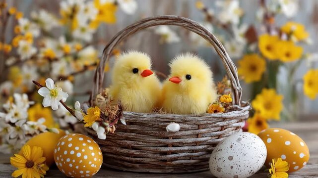 Easter eggs and chicks nestled in a basket surrounded by spring flowers.