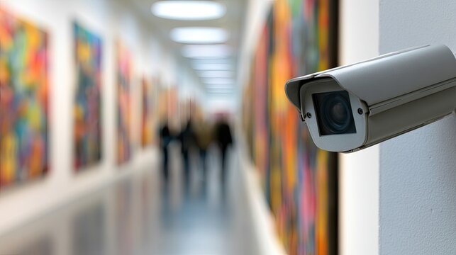 Security camera monitors colorful art in a museum hallway