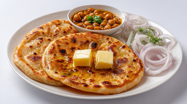 Aloo paratha with butter and chole isolated on white background