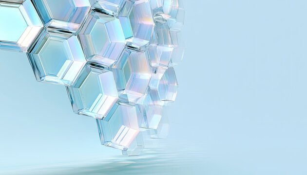 Translucent hexagonal structures shimmer with iridescent light on a soft blue background