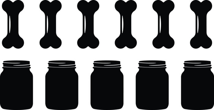 Educational silhouette illustration featuring bones and jars arranged for counting, sorting, matching, and arithmetic learning activities