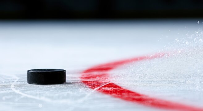 Hockey puck on ice, frozen surface, red line, motion blur